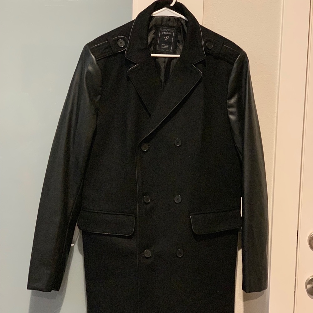 GUESS, Pea coat with faux leather sleeves.
